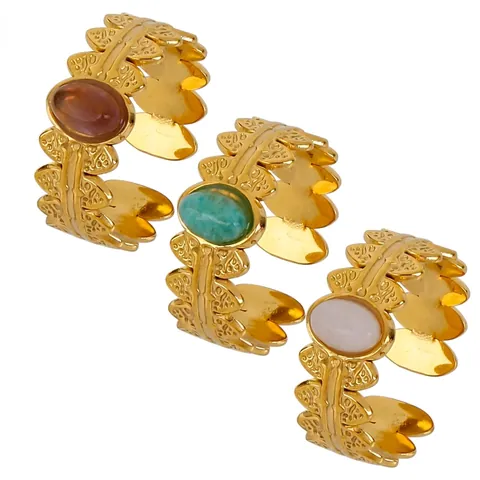 Vintage 18K Gold Plated Stainless Steel Oval Artificial Stone Adjustable Open Ring For Women Retro Leaf Design Jewelry