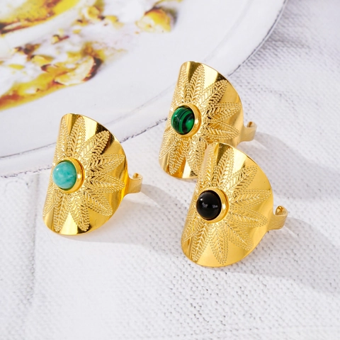 Edelstahl Boho Geschnitzt Breitband Offener Ring Für Damen Vintage Blattmuster Künstlicher Türkis Malachit Onyx Eingelegt Verstellbarer Fingerring Schmuck Geschenk