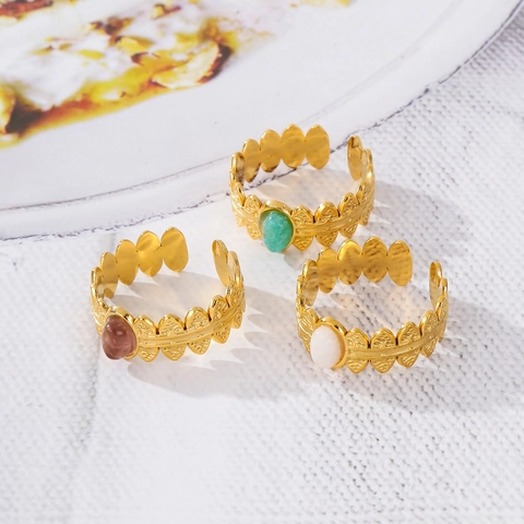 Vintage 18K Gold Plated Stainless Steel Oval Artificial Stone Adjustable Open Ring For Women Retro Leaf Design Jewelry