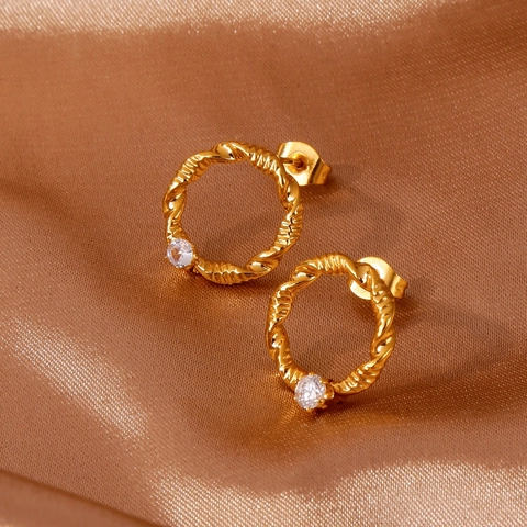 Luxury 18K Gold Plated 316L Stainless Steel Twist Hoop Earrings Zircon Inlaid Vintage Fashion Jewelry For Women Daily Accessories