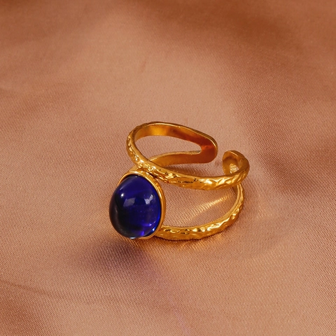Vintage 18K Gold Plated 316L Stainless Steel Adjustable Ring With Blue Zircon Gemstone Hammered Texture For Women Jewelry