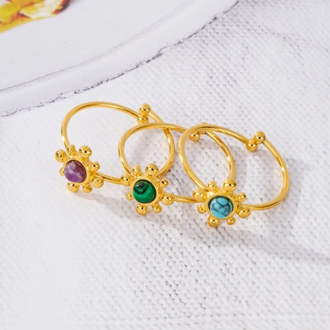18K Gold Plated Stainless Steel Open Ring For Women Bohemian Sunflower Inlaid Artificial Stone Adjustable Retro Fashion Jewelry