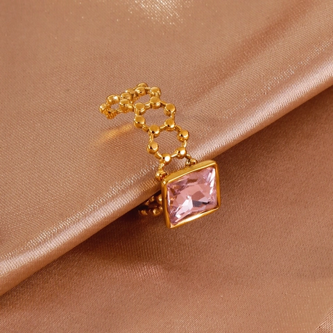 18K Gold Plated Stainless Steel Open Ring For Women Pink Zirconia Square Gemstone Hollow Geometric Adjustable Trendy Ring Jewelry