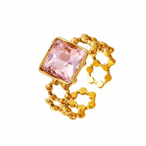 18K Gold Plated Stainless Steel Open Ring For Women Pink Zirconia Square Gemstone Hollow Geometric Adjustable Trendy Ring Jewelry