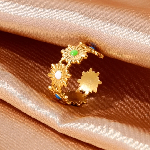 Bague Ouverte Réglable Marguerite Tournesol en Acier Inoxydable pour Femme Bijoux de Mode Géométriques avec Strass Colorés