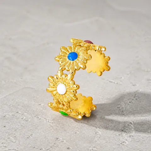 Bague Ouverte Réglable Marguerite Tournesol en Acier Inoxydable pour Femme Bijoux de Mode Géométriques avec Strass Colorés