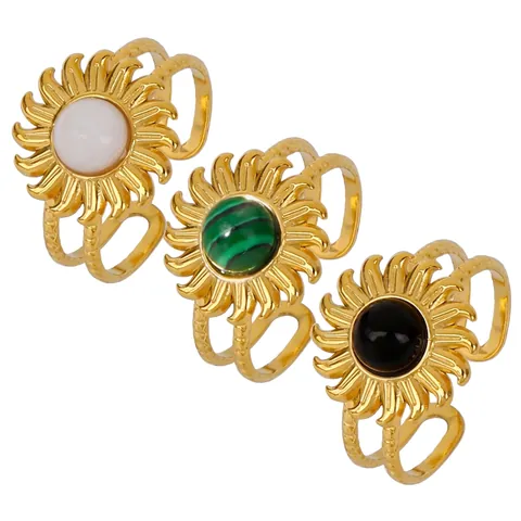 Anello Aperto in Acciaio Inossidabile a Forma di Girasole Vintage Bohemian per Donna Oro Placcato Pietra Artificiale Gioiello Regolabile