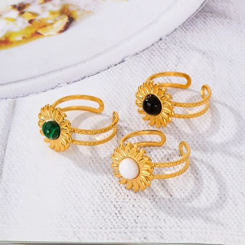 Anello Aperto in Acciaio Inossidabile a Forma di Girasole Vintage Bohemian per Donna Oro Placcato Pietra Artificiale Gioiello Regolabile