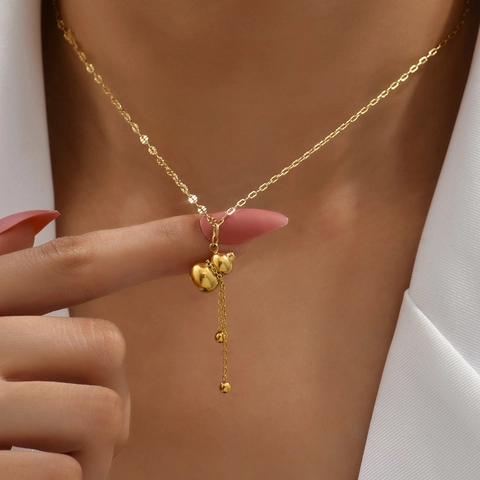18K Gold Plated 316L Stainless Steel Gourd Pendant Necklace With Tassel Metal Beads Lucky Blessing Character Jewelry For Women