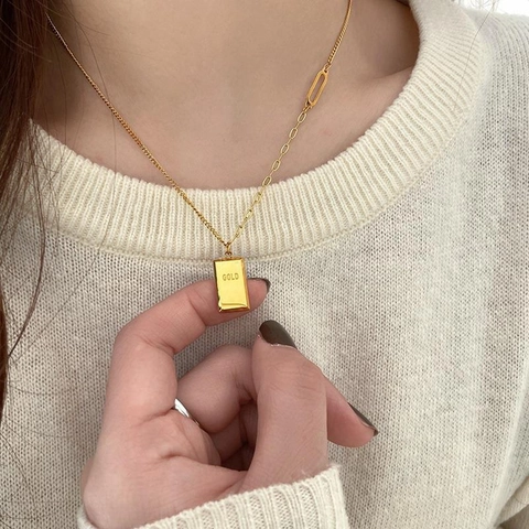 Beidseitig Tragbare Goldbarren Anhänger Halskette 316L Edelstahl 18K Vergoldet Asymmetrische Kette Minimalistischer Schmuck