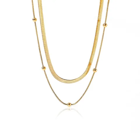 Collana Doppia in Acciaio Inossidabile Placcato Oro 18K Catena a Serpente e Perline Satellite per Donna Gioielli Minimalisti