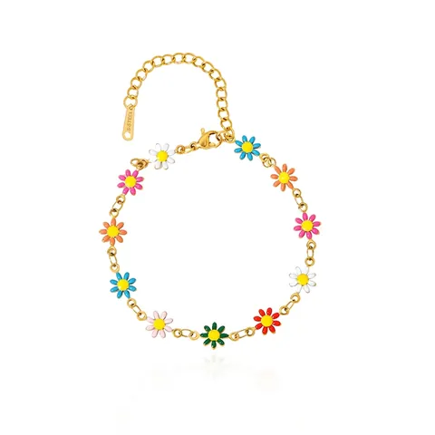 316L Stainless Steel Colorful Daisy Flower Bracelet For Women 18K Gold Plated Enamel Floral Link Chain Bracelet Bohemian Jewelry Gift