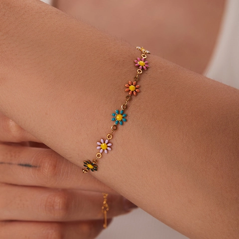 316L Stainless Steel Colorful Daisy Flower Bracelet For Women 18K Gold Plated Enamel Floral Link Chain Bracelet Bohemian Jewelry Gift