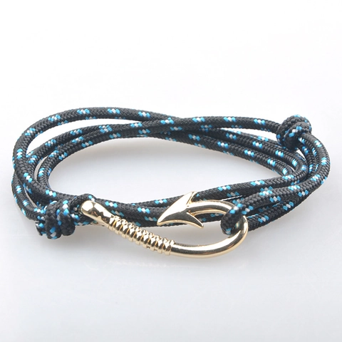 Nautical Viking Style Fish Hook Braided Rope Bracelet For Women Men Adjustable Paracord Wrap Bracelet Gold Alloy Clasp Marine Jewelry