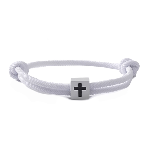 Minimalist Hand Woven Milan Rope Cross Bracelet Adjustable Zinc Alloy Square Block Religious Jewelry For Couples Men Women