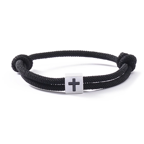 Minimalist Hand Woven Milan Rope Cross Bracelet Adjustable Zinc Alloy Square Block Religious Jewelry For Couples Men Women