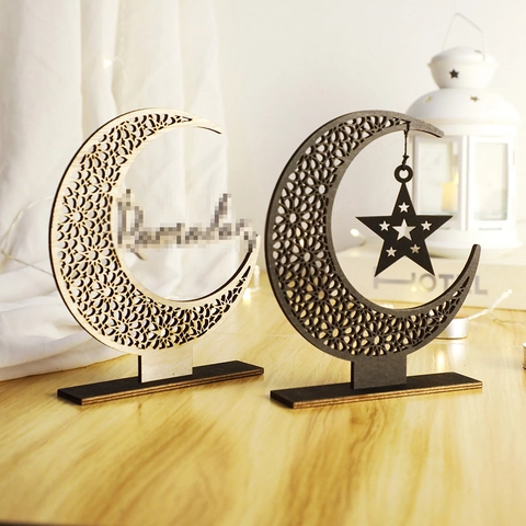 Ramadan Eid Mond Stern Ornament Aus Holz Hohl Geometrisches Muster Holzhandwerk Für Islamische Muslimische Party Haus Wand Dekoration