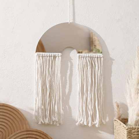 Specchio da Parete in Macramè Fatto a Mano Boho Nappe Specchio Acrilico a Semicerchio Per Decorazione Parete Camera da Letto