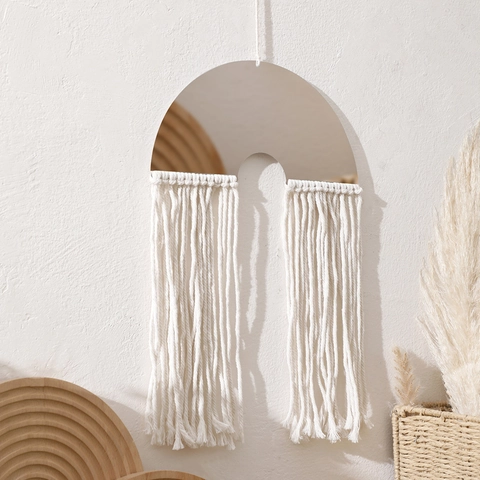 Specchio da Parete in Macramè Fatto a Mano Boho Nappe Specchio Acrilico a Semicerchio Per Decorazione Parete Camera da Letto