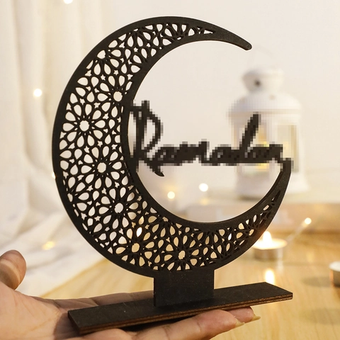 Ramadan Eid Mond Stern Ornament Aus Holz Hohl Geometrisches Muster Holzhandwerk Für Islamische Muslimische Party Haus Wand Dekoration