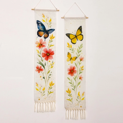 Arazzo da Parete in Cotone Macramè con Stampa Farfalla Floreale Bohémien con Asta in Legno e Nappine Poster Decorativo per Casa