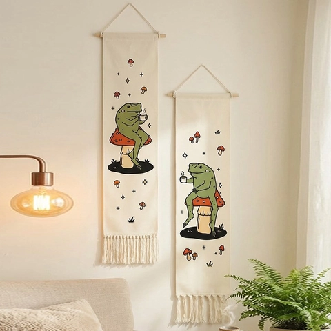 Arazzo da Parete in Cotone Boemo Con Nappe Rana Fungo Stampato Banner Ornamento d'Arte per Decorazione Casa Studio Camera