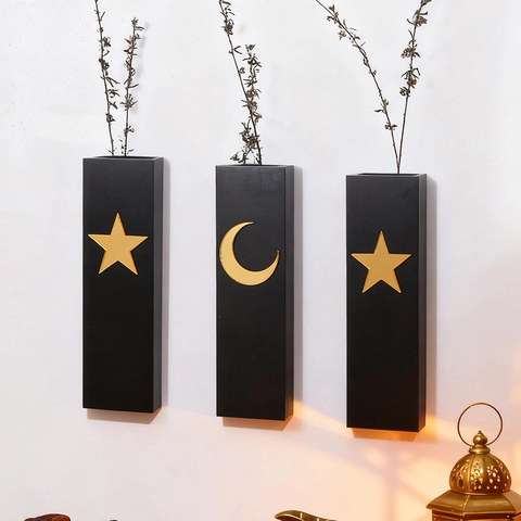 Vaso da Parete Minimalista in Legno di Pioppo Nero con Motivo a Stella e Luna Fioriera Sospesa Decorativa per la Casa