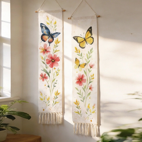 Arazzo da Parete in Cotone Macramè con Stampa Farfalla Floreale Bohémien con Asta in Legno e Nappine Poster Decorativo per Casa