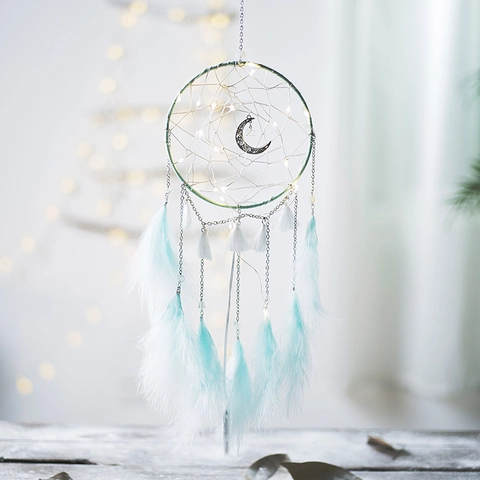 Acchiappasogni a Luna Fatto a Mano Con Luci LED Piume Nappine Anello in Metallo Nastro in Satin Decorazione Sospesa Boho Casa
