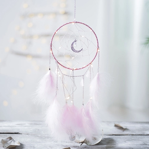 Acchiappasogni a Luna Fatto a Mano Con Luci LED Piume Nappine Anello in Metallo Nastro in Satin Decorazione Sospesa Boho Casa