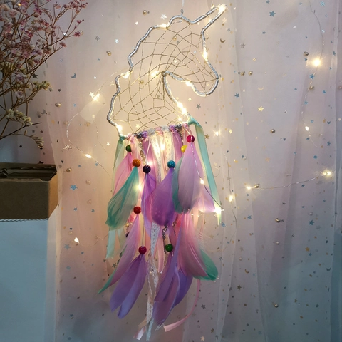 Atrapasueños de Unicornio Con Luces LED Plumas Coloridas Decoración Colgante Tejida a Mano Arte de Pared Bohemio para Regalo Niñas