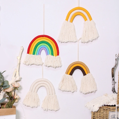 Bohemian Handmade Woven Cotton Rope Rainbow Wall Hanging Tapestry Boho Macrame Tassel For Nursery Bedroom Home Decor Art