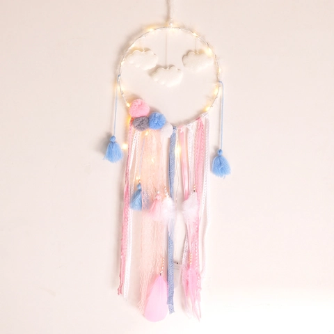 Acchiappasogni a Forma di Nuvola Con Luce LED Piume Rosa Blu Pizzo Nastro Decorazione da Parete Fatta a Mano Regalo Casa