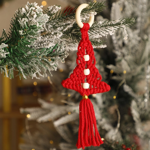 Bohemian Handmade Macrame Cotton Rope Christmas Tree Ornament Woven Wall Hanging With Wooden Beads Tassels For Home Decor