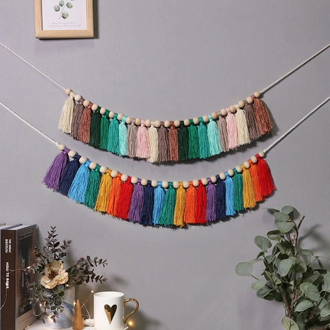 Ghirlanda Bohemien a Nappa Arcobaleno in Cotone Macramè da Appendere al Muro Con Perle di Legno per Soggiorno Cameretta Feste