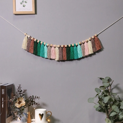 Ghirlanda Bohemien a Nappa Arcobaleno in Cotone Macramè da Appendere al Muro Con Perle di Legno per Soggiorno Cameretta Feste