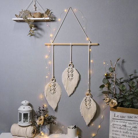Arazzo in Filo di Cotone Tessuto a Mano Bohemien Decorazione da Parete a Forma di Foglia Nordica per Camera da Letto Casa