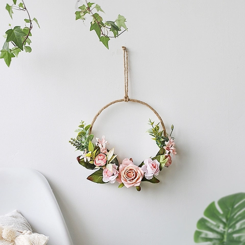 Handmade Artificial Rose Flower Wreath Wall Hanging Metal Twine Ring Silk Peony Leaves Home Living Room Bedroom Wedding Decor Pastoral Style