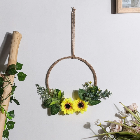 Decorazione da Parete con Ghirlanda di Fiori Artificiali in Stile Nordico Fatto a Mano in Corda di Canapa Cerchio in Ferro Girasole Giglio Ghirlanda per la Casa Matrimonio