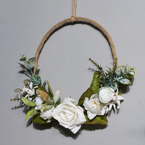 Decorazione da Parete con Ghirlanda di Fiori Artificiali in Stile Nordico Fatto a Mano in Corda di Canapa Cerchio in Ferro Girasole Giglio Ghirlanda per la Casa Matrimonio