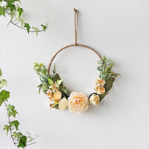 Handmade Artificial Rose Flower Wreath Wall Hanging Metal Twine Ring Silk Peony Leaves Home Living Room Bedroom Wedding Decor Pastoral Style