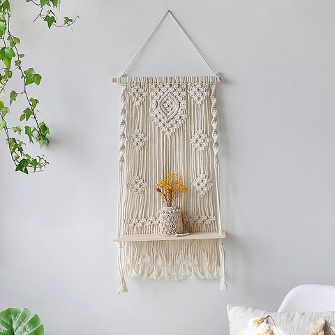 Bohemian Macrame Wall Hanging Wood Shelf Hand Woven Cotton Cord Floating Shelves For Living Room Bedroom Home Decoration Art Tapestry