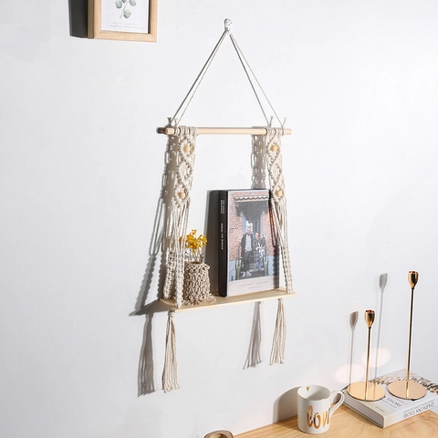 Scaffale da Parete Macramè Bohemien Intrecciato a Mano in Corda di Cotone e Legno Scaffali Sospesi Decorazione Casa Portapiante