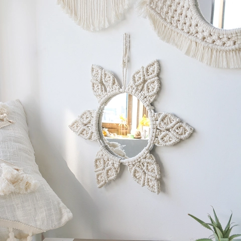 Specchio da Parete in Macramè Boho Specchio Decorativo in Corda di Cotone Fatto a Mano per Camera da Letto Soggiorno Casa
