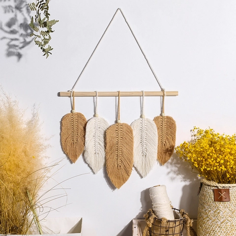 Tapiz de Pared Tejido a Mano Macramé Bohemio Hoja Pluma Cuerda de Algodón Arte de Pared Con Barra de Madera Nordic Home Decor