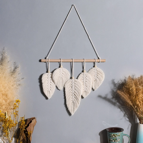 Tapiz de Pared Tejido a Mano Macramé Bohemio Hoja Pluma Cuerda de Algodón Arte de Pared Con Barra de Madera Nordic Home Decor