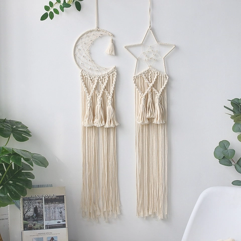 Acchiappasogni Macramè Intrecciato a Stella Luna Decorazione da Parete Boho Bianco Crema Cotone Nappina Fatto a Mano per Casa Camera da Letto Ornamento