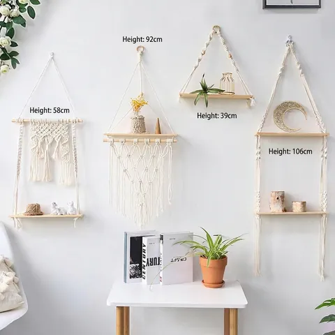 Bohemian Macrame Wall Hanging Wood Shelf Hand Woven Cotton Cord Floating Shelves For Living Room Bedroom Home Decoration Art Tapestry