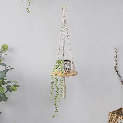 Portapiante in Macramè Fatto a Mano Mensole Sospese in Corda di Cotone Con Vassoio in Legno Rotondo Decorazione Boho Nordica per Casa