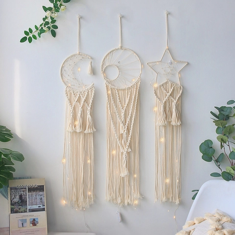 Acchiappasogni Macramè Intrecciato a Stella Luna Decorazione da Parete Boho Bianco Crema Cotone Nappina Fatto a Mano per Casa Camera da Letto Ornamento